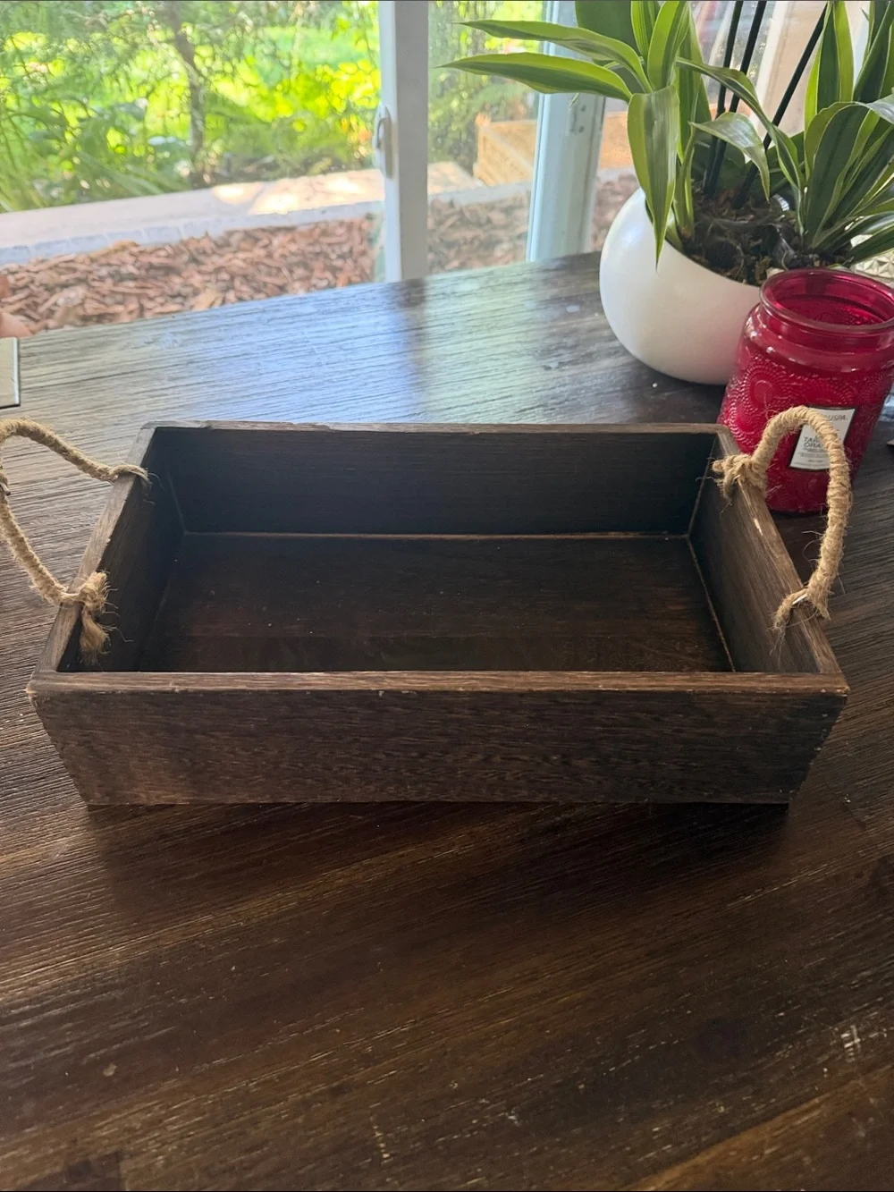 Rustic Dark Brown Wooden Tray with Rope Handles